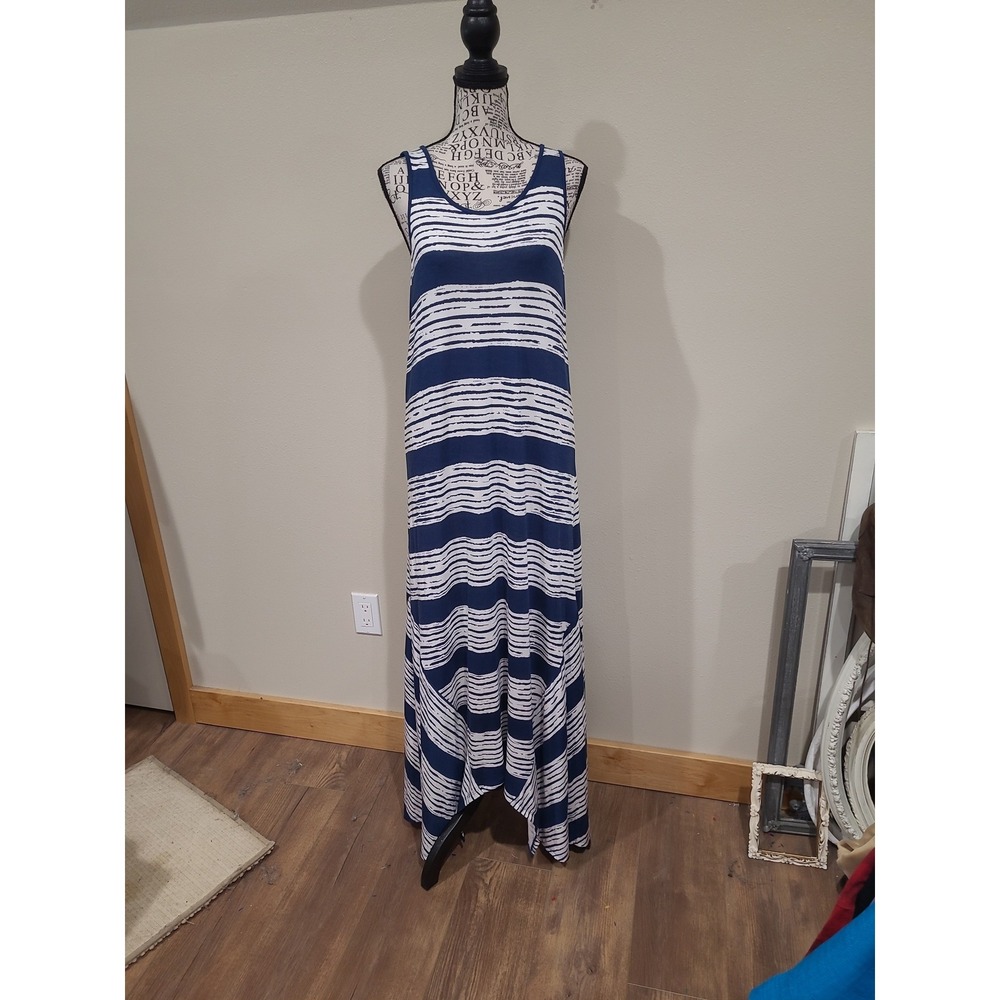 Bass & Co. Nautical Beachy Blue White striped Maxi knit Tank Dress Women SZ M